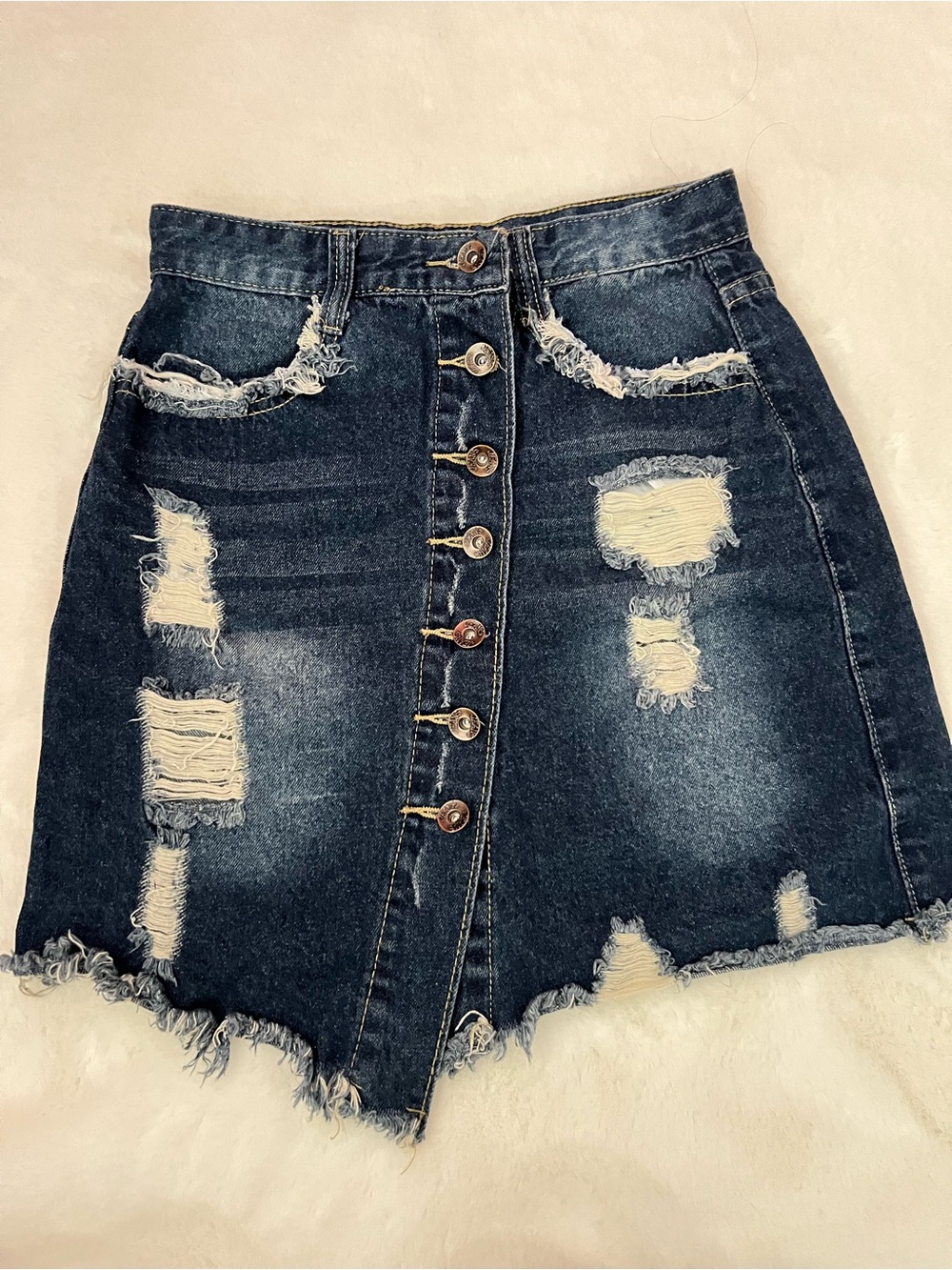 Distressed Dark Blue Denim Button-Front Mini Skirt